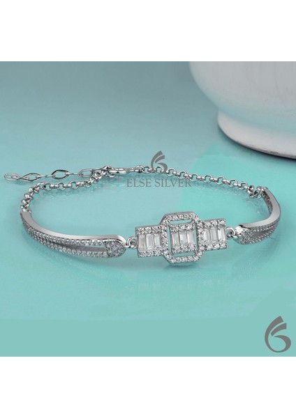 Özel Tasarım Baget Taşlı Kelepçe Modeli Gümüş Bileklik