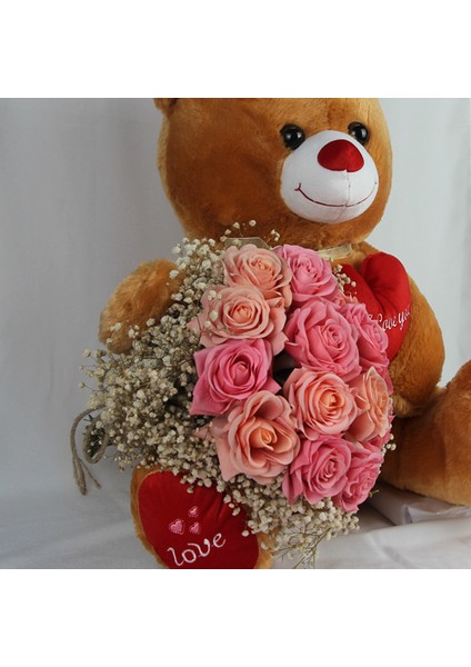 Buket Güller 15 Li Cipso Sarmalı Demet & Sevimli Peluş Ayıcık 50 cm Sevgiliye Set Hediye