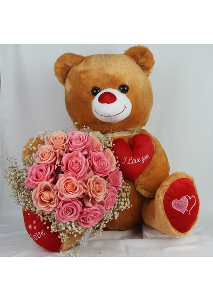 Buket Güller 15 Li Cipso Sarmalı Demet & Sevimli Peluş Ayıcık 50 cm Sevgiliye Set Hediye fırsatları