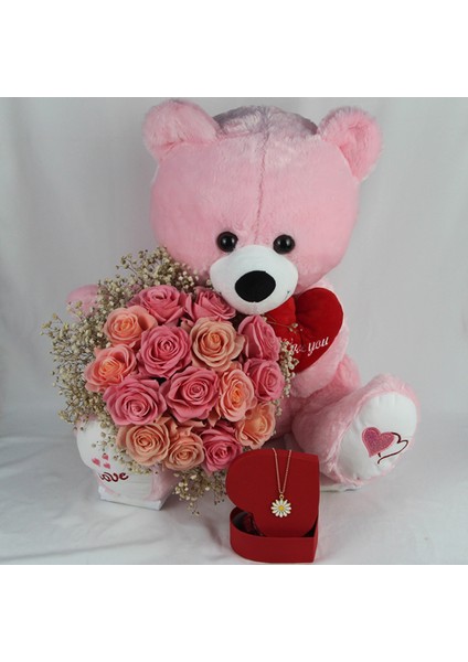 Demet Güller 15 Li Cipso Sarmalı Buket & Sevimli Peluş Ayıcık 50 cm Altın Kaplama Papatya Kolye indirimleri
