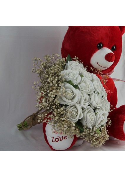 Buket Güller 20 Li Cipso Sarmalı Demet & Sevimli Peluş Ayicik 50 cm Sevgiliye Set Hediye