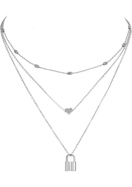 Kilit ve Kalp Charm Katmanlı Kolye