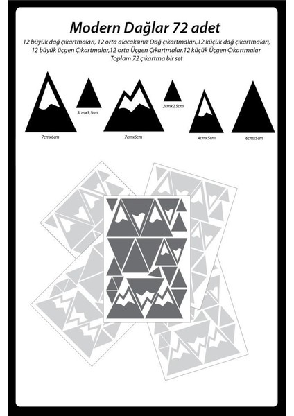 Modern Dağlar Duvar Sticker, Bebek ve Çocuk Odası Dekoratif Duvar Çıkartması Sticker, 72 Adet Koyu Gri Renk modelleri