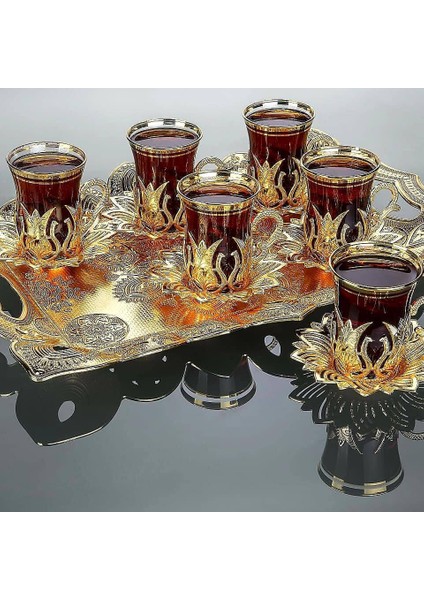 Otantik Altın İşlemeli Tepsi ve Çay Bardak Seti 6'lı fiyatları
