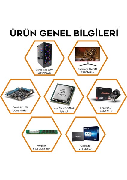 Intel I3 3220 8GB Ram 240GB SSD RX550 Ekran Kartı 144 Hz Monitör Oyun Bilgisayarı fiyatları