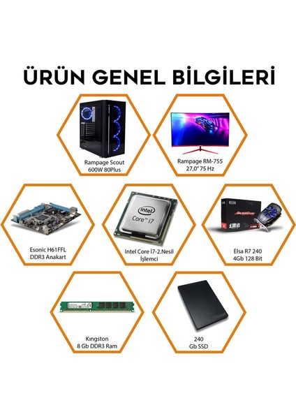 Intel I7 2600 2.nesil 8 GB Ram 240 GB SSD 4 GB Ekran Kartı 27" 75Hz Monitör Masaüstü Oyuncu Bilgisayarı fiyatları