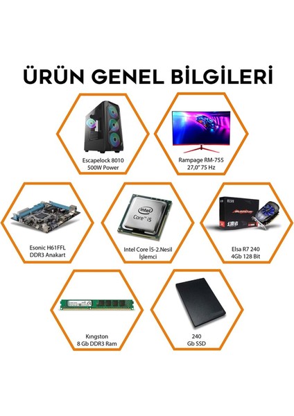 Intel I5 2400 2.nesil 8 GB Ram 240 GB SSD 4 GB Ekran Kartı 27" 75 Hz Monitör Masaüstü Oyuncu Bilgisayarı fiyatları