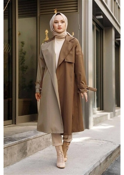 Su Geçirmez Garnili Çift Renkli Trençkot 10016 Taba