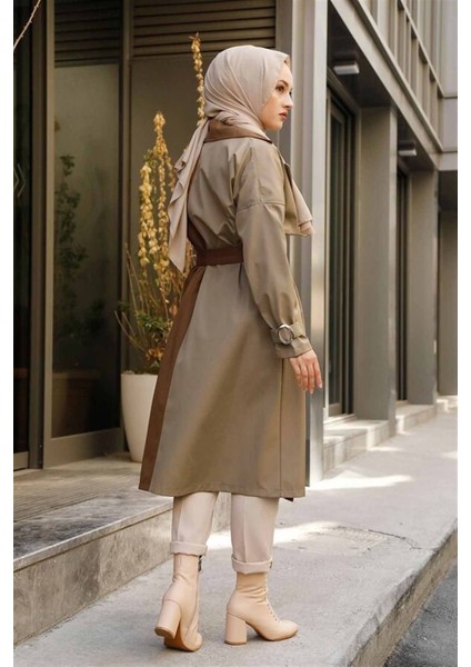 Su Geçirmez Garnili Çift Renkli Trençkot 10016 Taba modelleri