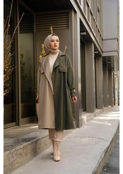 Su Geçirmez Garnili Çift Renkli Trençkot 10016 Haki