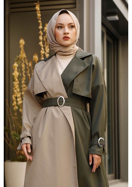 Su Geçirmez Garnili Çift Renkli Trençkot 10016 Haki modelleri