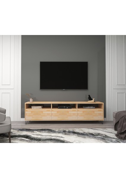 Holmes Ceviz Televizyon Sehpası ve Ünitesi 174X30 Masif Dekoratif Metal Firkete Ayaklı
