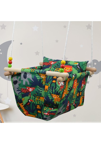 Ahşap Yastıklı Ev Tipi Bebek Salıncak, Bebek Hamak Beşik, Ev Salıncağı, Çingene Salıncağı - Basic Jungle