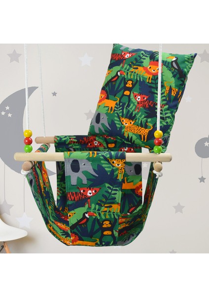 Ahşap Yastıklı Ev Tipi Bebek Salıncak, Bebek Hamak Beşik, Ev Salıncağı, Çingene Salıncağı - Basic Jungle