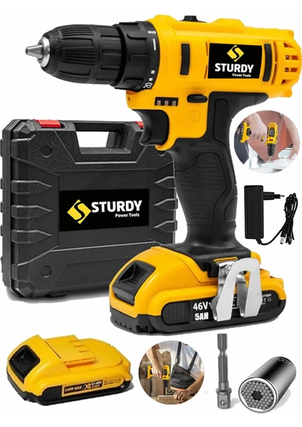 STURDY Pro Power Darbeli 46 V 5 AH Lion Çift Akülü Soketli Vidalama Matkap