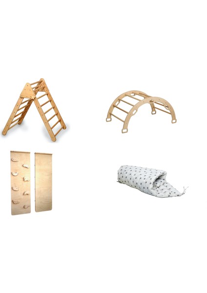 Pikler Tırmanma Seti ve Yastık - Montessori Aktivite Set Üçgen - Kemer - Taşlı Rampa - Yastık Seti KID027