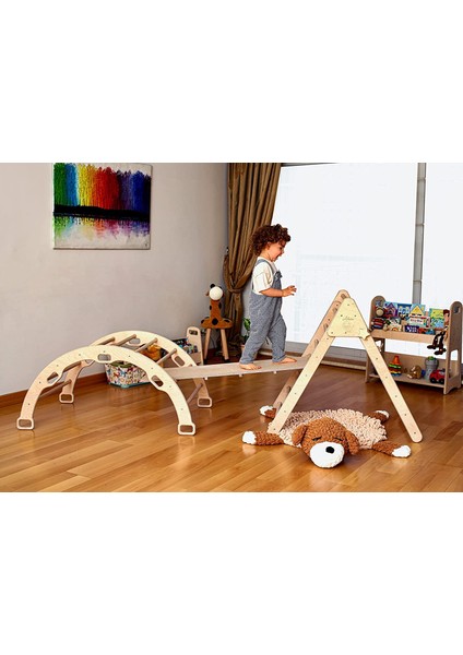 Pikler Tırmanma Seti ve Yastık - Montessori Aktivite Set Üçgen - Kemer - Taşlı Rampa - Yastık Seti KID027