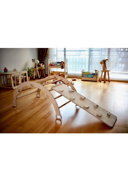 Pikler Tırmanma Seti Montessori Oyuncak Ahşap Dönence ve Kemer Yastığı (Kemer - Taşlı Rampa - Yastık) KID030