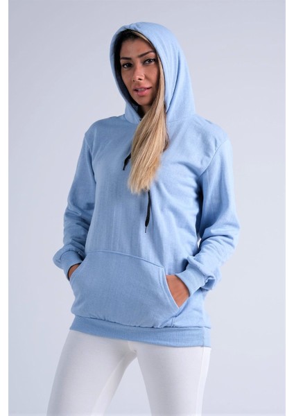 Kadın Mavi Kapüşonlu Kanguru Cepli Şardonlu Sweatshirt