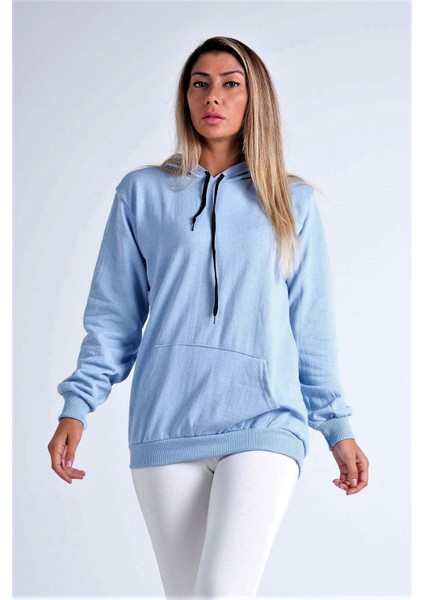 Kadın Mavi Kapüşonlu Kanguru Cepli Şardonlu Sweatshirt fiyatları
