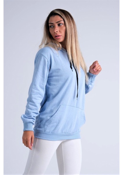 Kadın Mavi Kapüşonlu Kanguru Cepli Şardonlu Sweatshirt modelleri