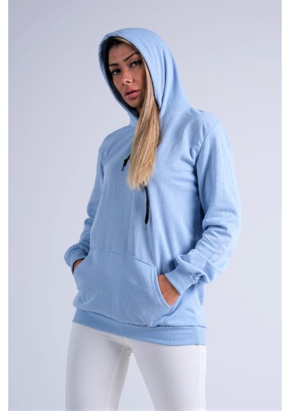 Kadın Mavi Kapüşonlu Kanguru Cepli Şardonlu Sweatshirt fırsatları
