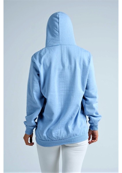 Kadın Mavi Kapüşonlu Kanguru Cepli Şardonlu Sweatshirt indirimleri