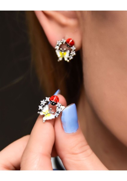 925 Ayar Gümüş Mineli Uğur Böceği Kelebek Çivili Küpe