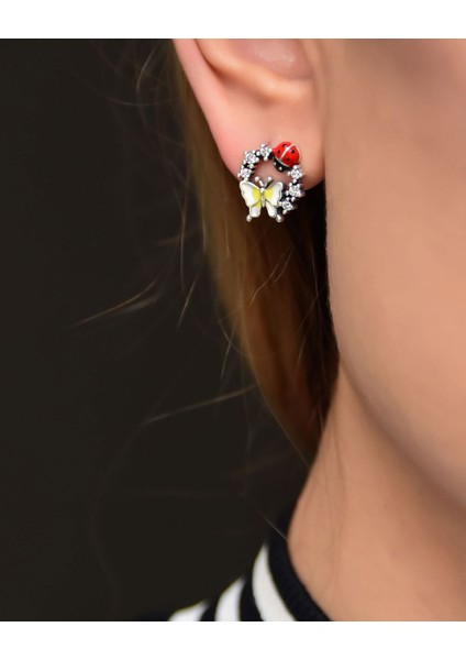 925 Ayar Gümüş Mineli Uğur Böceği Kelebek Çivili Küpe fiyatları