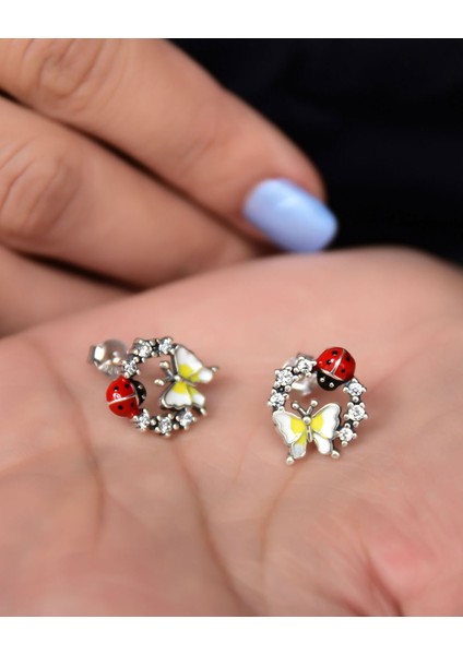 925 Ayar Gümüş Mineli Uğur Böceği Kelebek Çivili Küpe modelleri