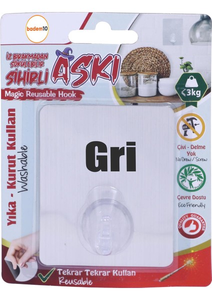 Kendinden Yapışkanlı Kapı Askılığı Duvar Banyo Mutfak Askısı Gri