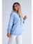 Kadın Mavi Kapüşonlu Kanguru Cepli Şardonlu Sweatshirt 3