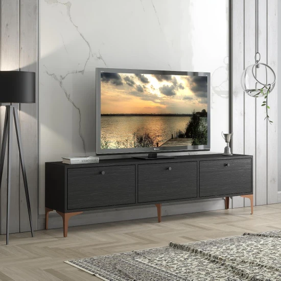 Wood'n Love Etna Premium Bakır Metal Ayaklı Dolaplı 160 cm Tv Ünitesi - Wood Siyah / Bakır