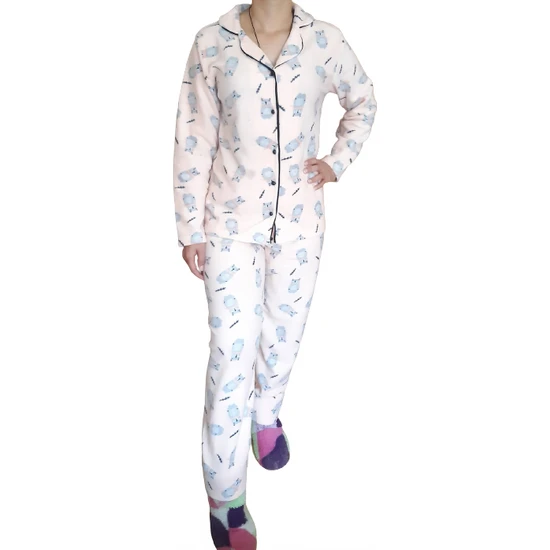Gigi Giyim Pembe Baskılı Önü Düğmeli Polar Pijama Takımı