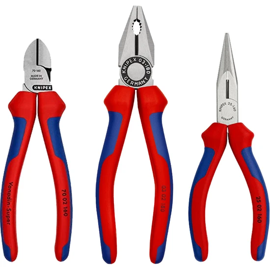 Knipex Pense 180 mm + Yan Keski 160 mm + Kargaburun 160 mm 3 Parça Set