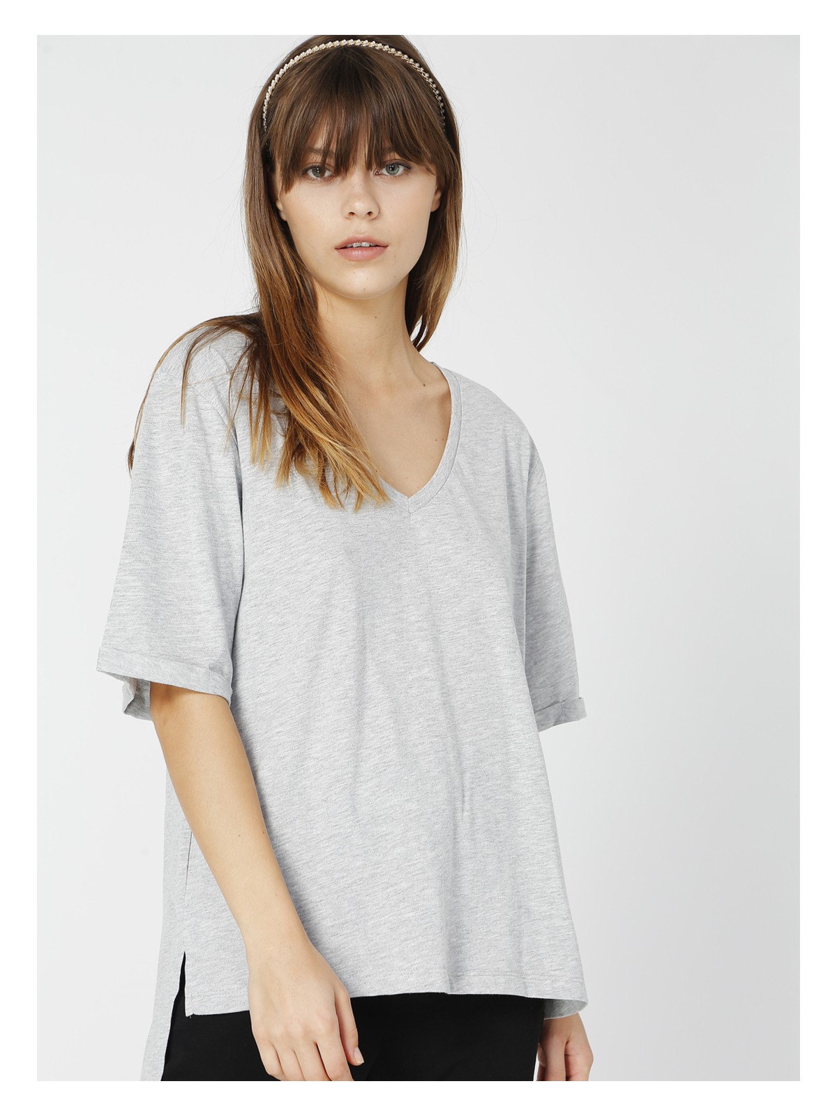 Fabrika Talita Gri Melanj V Yaka Kadın T-Shirt