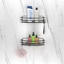 Tekno-tel ST207H Yapışkanlı Kancalı Banyo Köşe Rafı Mat Siyah 2'li