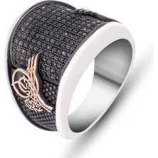 Harem Altın Gümüş Siyah Taşlı Tuğralı Erkek Yüzük