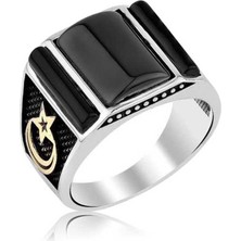 Harem Altın Gümüş Siyah Taşlı Ay Yıldız Erkek Yüzük