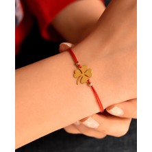 Papatya Silver 925 Ayar Gümüş Kırmızı Ipli Altın Kaplama Yonca Kadın Bileklik