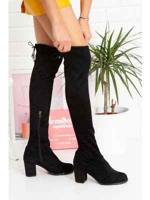 Allyup Günlük Siyah Streç Çorap Süet Kalın Topuk Diz Üstü Kadın Çizme Fermuarlı Bağcıklı Dizüstü Bot