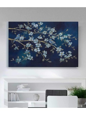 MonoStella Mavi Çiçekli Kuşlu Kanvas Tablo