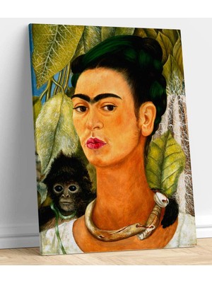 MonoStella Frida Kahlo Maymun ile Otoportre Kanvas Tablo