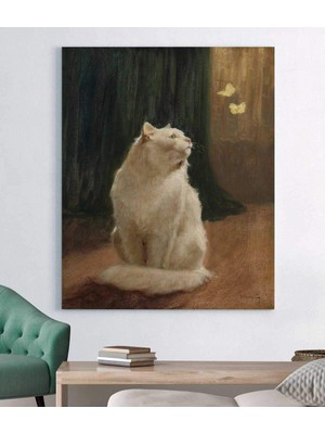 MonoStella Beyaz Kedi Kelebekler Kanvas Tablo