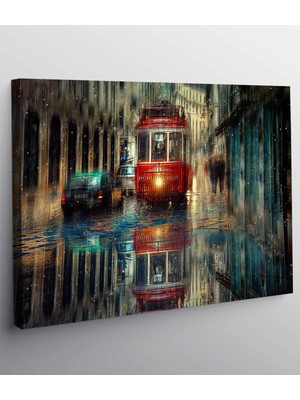 MonoStella Büyük Retro Tramvay Rain Şehir Sokak Kanvas Tablo