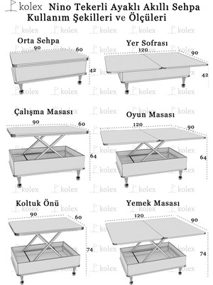 kolexonline Nino Çekmeceli Akıllı Sehpa Tekerli Ayaklı Yemek Masası Çalışma Masası Beyaz Renk