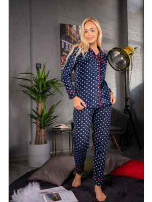Mirano Gömlek Yaka Puantiyeli Düğmeli Slim Fit Ince Polar Dokulu Pijama Takımı