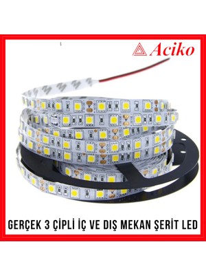 Aciko 3 Çipli Iç ve Dış Mekan Şerit LED 1-2-3-4-5-10-15 Metre Silikonsuz ( Iç Ortam )-Beyaz-10 Metre