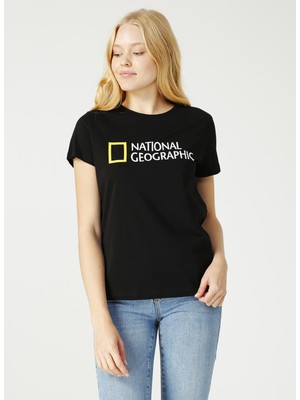 National Geographic W-Superior BisikletYaka Standart Kalıp Baskılı Siyah Kadın T-Shirt