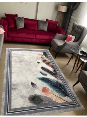 STY Home Gri Tüykaymaz Tabanlı Yıkanabilir Halı Kilim Yolluk Gri Mavi